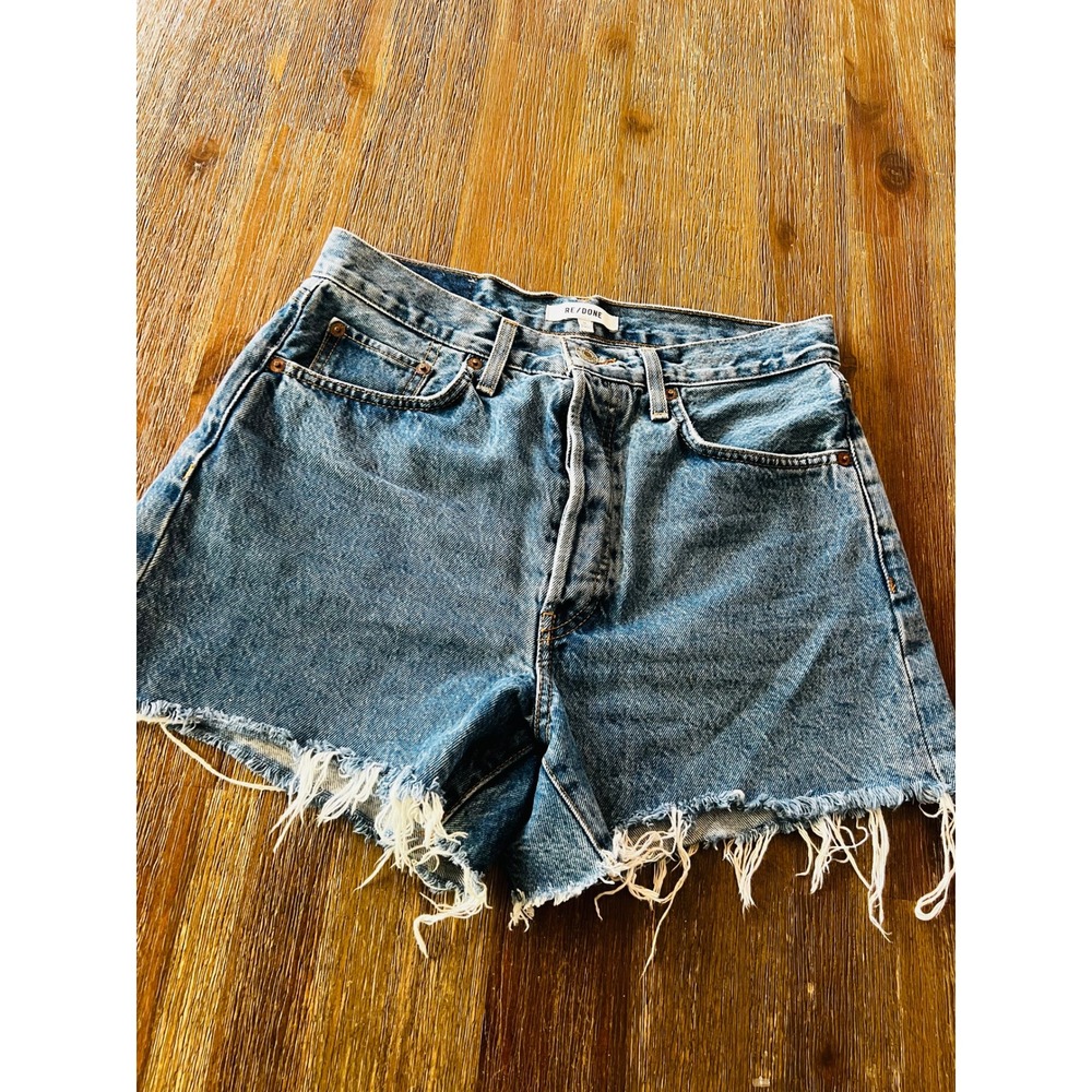 RE/DONE High Rise Denim Shorts Medium Wash Raw Hem Button Fly Size 26
